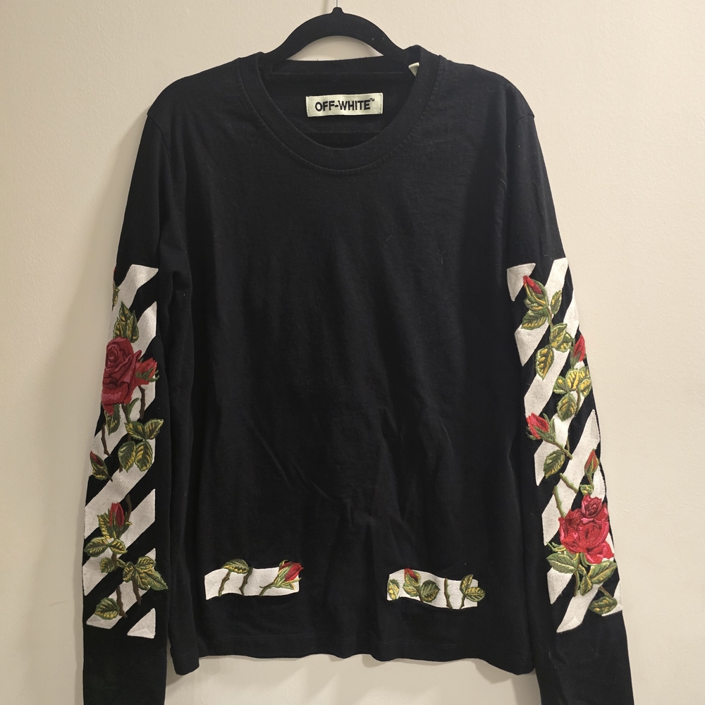 Offwhite Black Shirt with Red Floral Embroidery